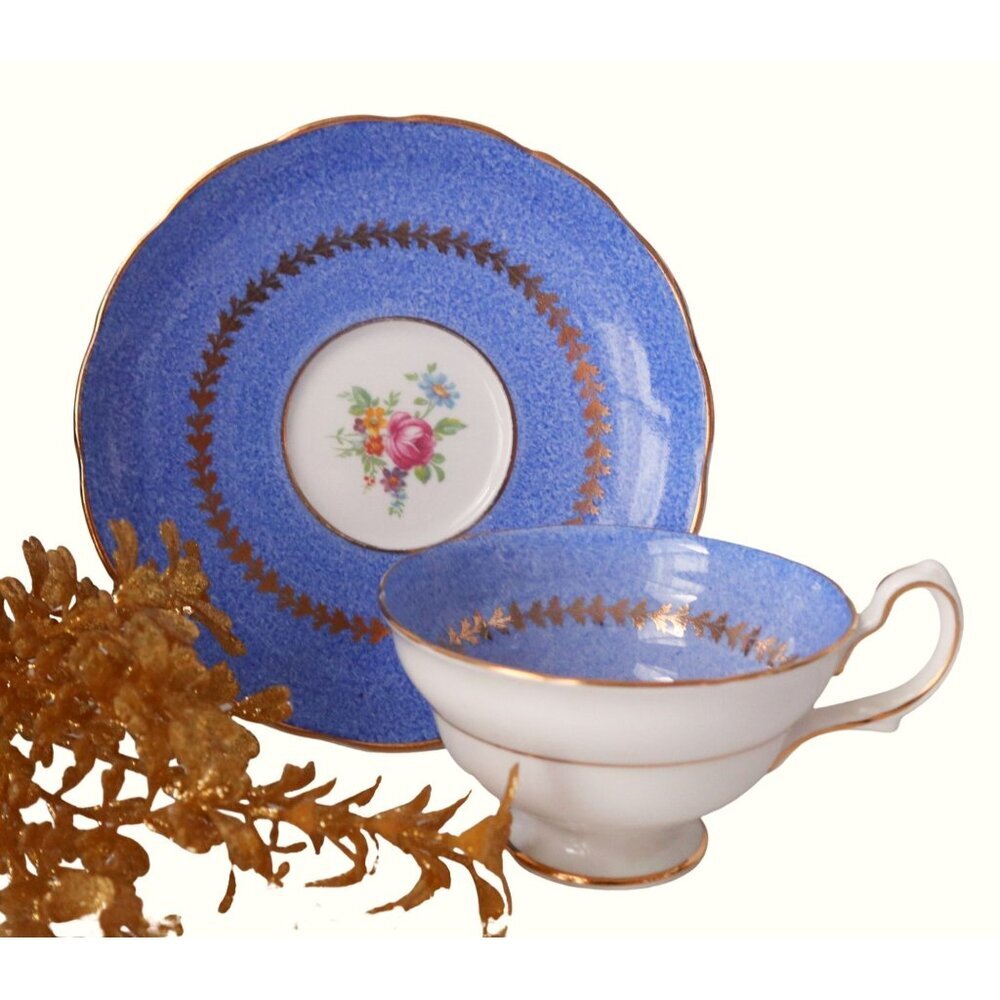 Vintage Blue Floral Tea Cup and Saucer Teacup Violets Westbrook Bone China